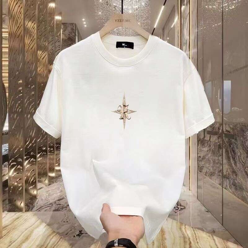 Men's pure cotton 2025 round neck t-shirt, ins half-sleeve top, men's clothing, new gold star short-sleeve shirt