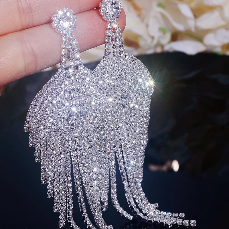 Trendy Sparkling Rhinestone Exaggerated Long Tassel Earrings for Women Silver Plated Big Drop Dangle Party Jewelry 260302