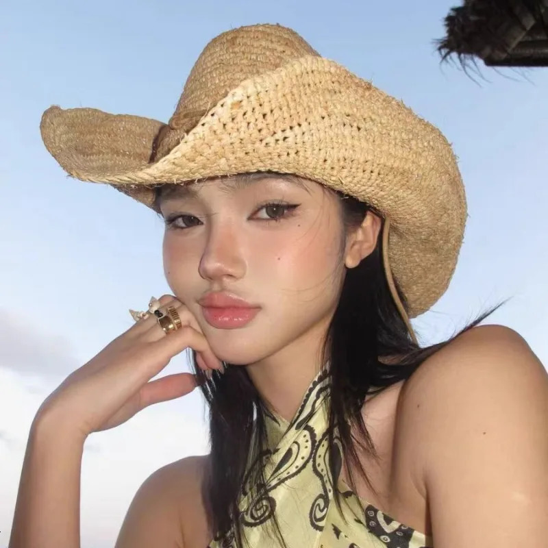 Fashion Spicy Girl Hand Crochet Raffia Hat Women Ken Bean Style Sun Hats Tie Western Cowboy Jazz Top Panama Vacation Beach Caps 260228