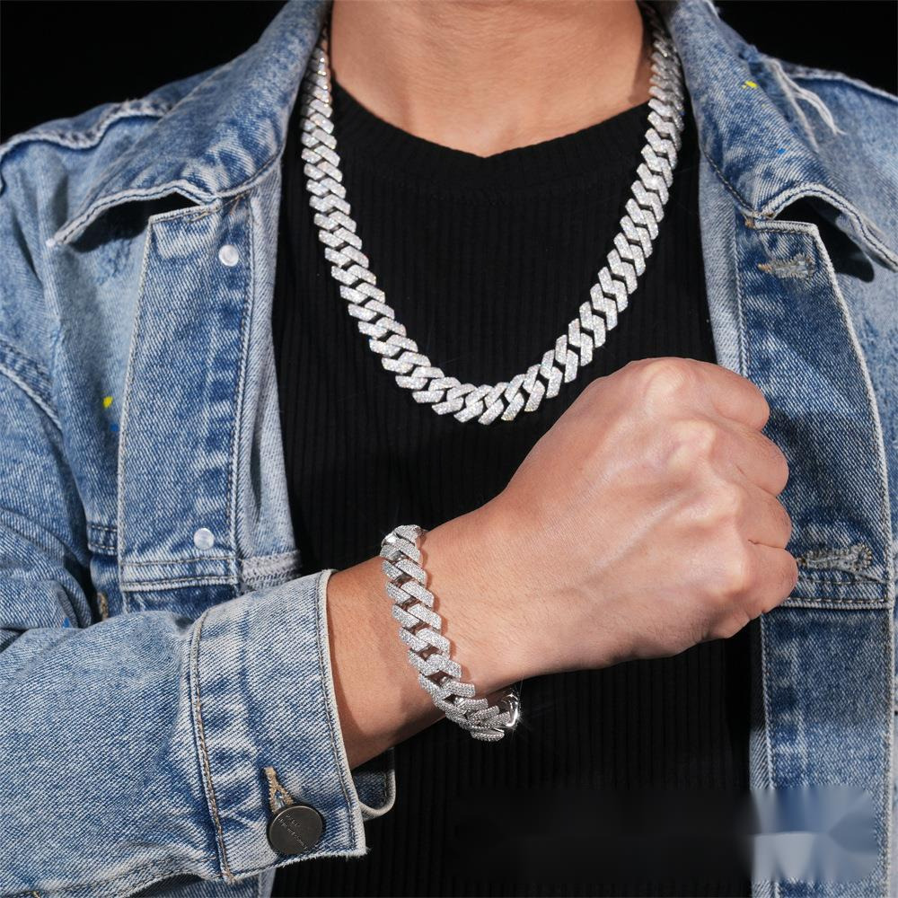15mm-4 Row Stone Cuban Necklace 925 Silver Inlaid with VVS Moissanite Mens Nightclub Fashion Style