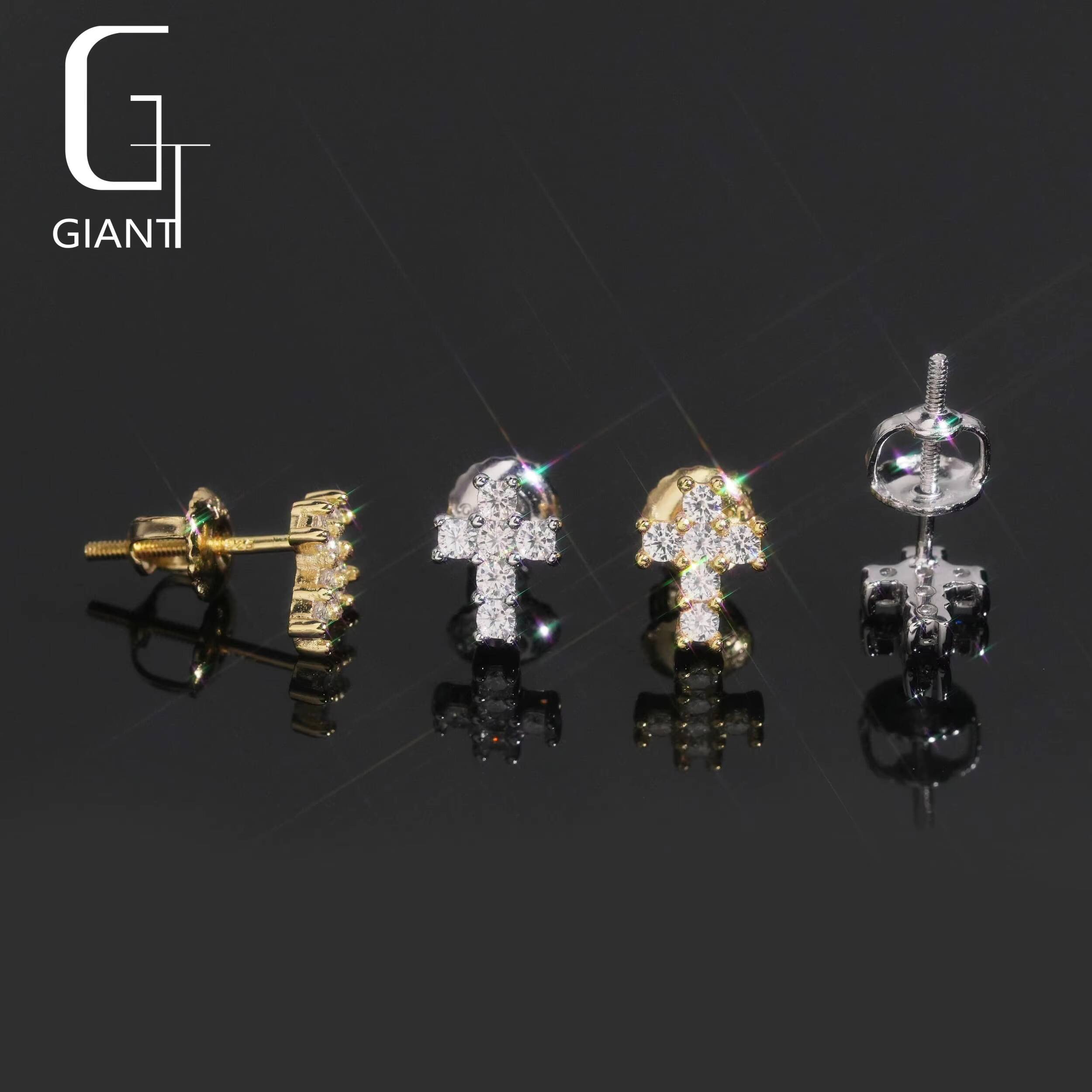 USA Warehouse Hip Hop 925 Silver Iced Out Diamond Screw Back Earrings VVS Moissanite Jewelry Cross Stud Earrings