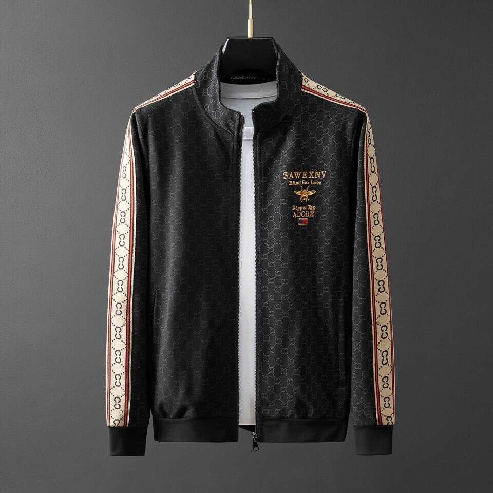 Luxury Bee Embroidery Stand-Up Collar Cardigan Sweatshirt Men With Letter Embossing, Fashionable Jacket