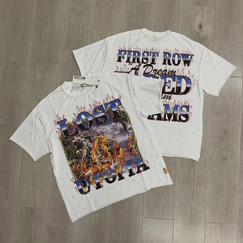 FIRST ROW T-Shirts street fashion American Style Drill Letters Mens Womens High Quality Short Sleeves Black Washed Tee 260304