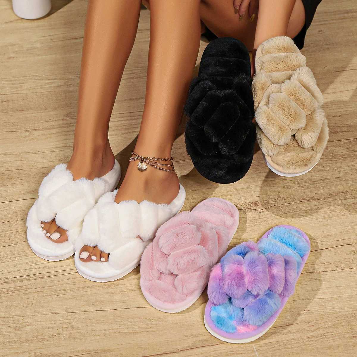 Womens Cross Band Slippers Cozy Furry Fuzzy House Slipper Indoor Non Slip Open Toe Slip On Warm Plush Shoes Soft Lightweight S260305