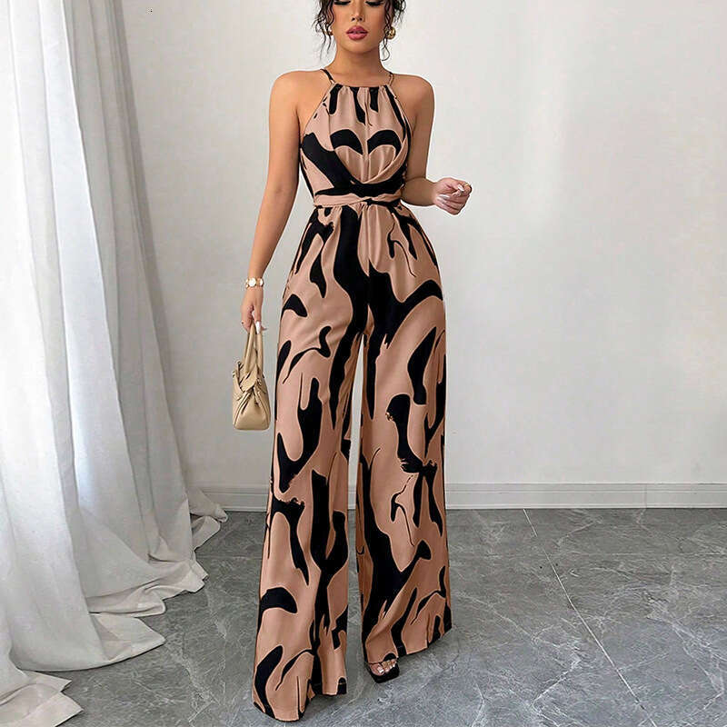 Cross-border foreign trade summer with straps, European and American style, milk stripe, tie-neck halter jumpsuit for women