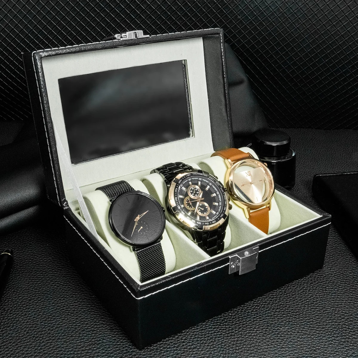 PU Leather Display Storage Collection Organizer watch box Case With Glass Top Slot Men Watch Bracket Display Box Gifts 260304