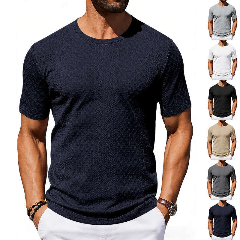 Cross-border Amazon Tiktok Summer New Men's Jacquard Textured T-shirt Casual Loose Solid Color Round Neck Short Sleeve