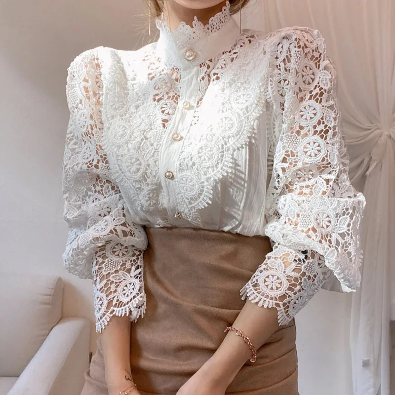 Elegant Loose Sweet Fashion Lace Women Blouse Office Stand Collar Casual Shirt Ladies Petal Long Sleeves Hollow Out Top Clothing 260306