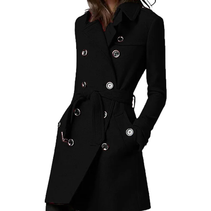 Womens Trench Coat Wool Blends Double Breasted Lining Jacket Belt Shoulder Badge Casual Coats Streetwear Clothing 260228