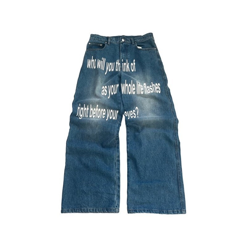 Men's Vintage Letter Printed Jeans Casual American Retro Pattern Alphabet Jeans High Street Fashion Hip Hop Gothic Baggy Wide Leg Pants