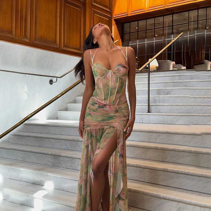 hirigin Women Sleeveless Corset Dress Y2K Floral Print Ruched Split Party Long Dress for Vacation Cocktail Beach Streetwear X260306