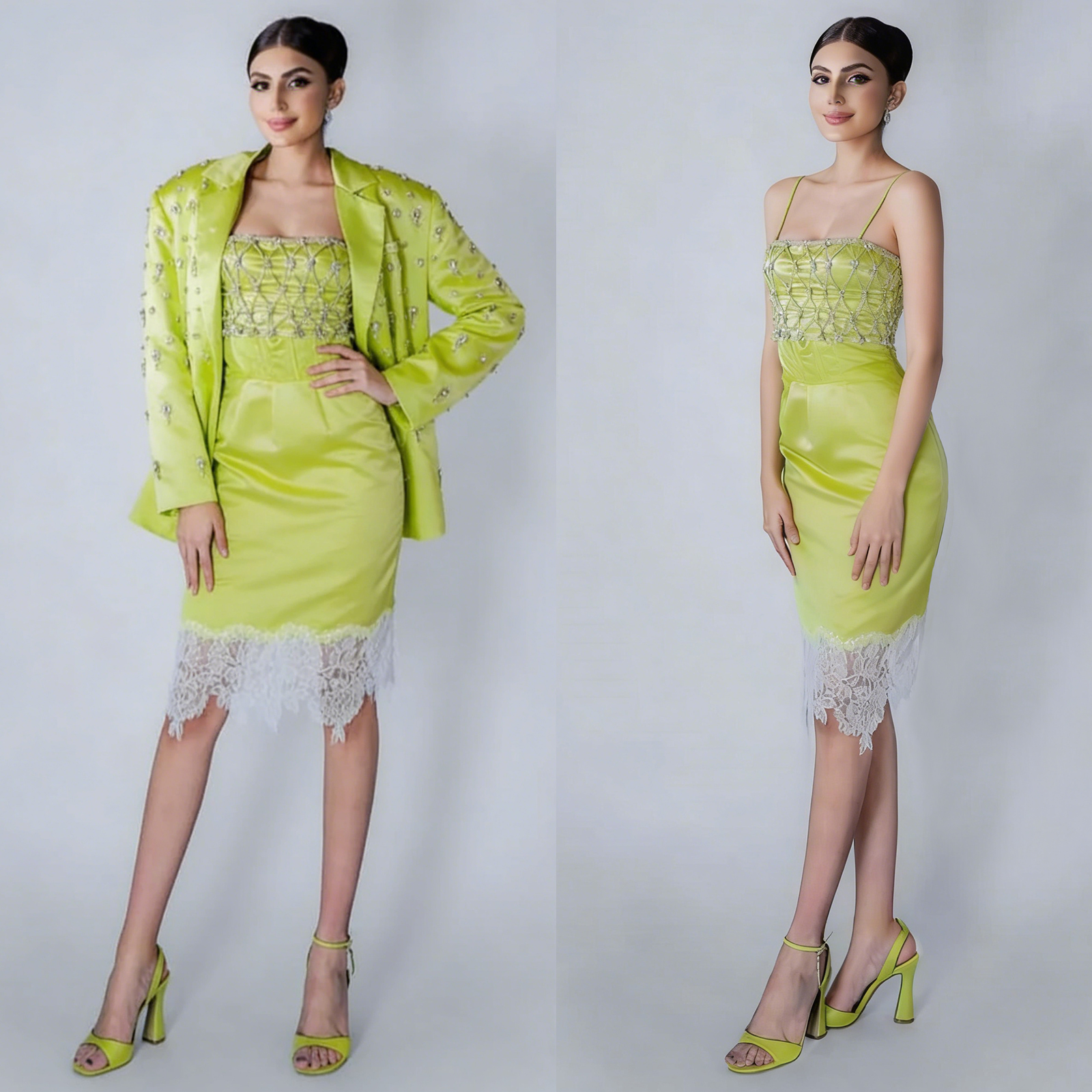 Fresh Green Pearl Beaded Women Dress Suit 2 Pieces Sheath Spaghetti Wedding Guest Mother Dress Customized Crystal Blazer Outfit