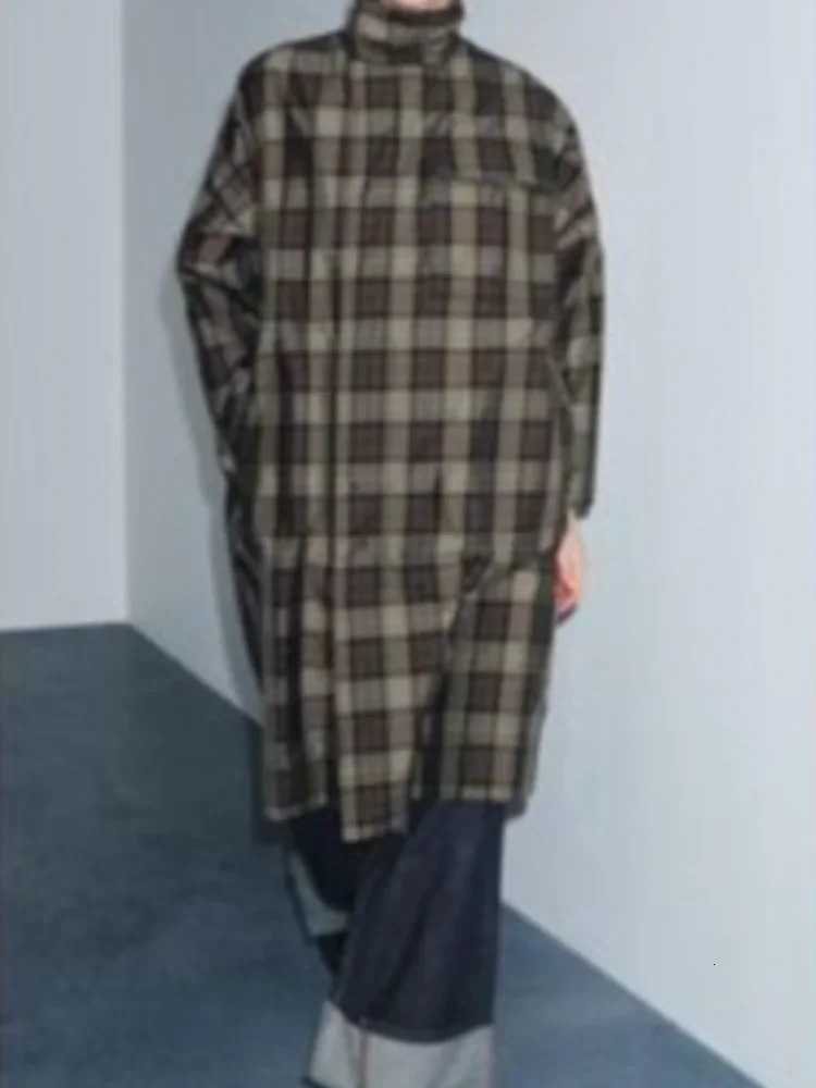 Plaid Long Trench Coat Women Casual Longsleeved Stand Collar Multipocket Windbreaker 2026 Spring Lady Daily Coats 260228