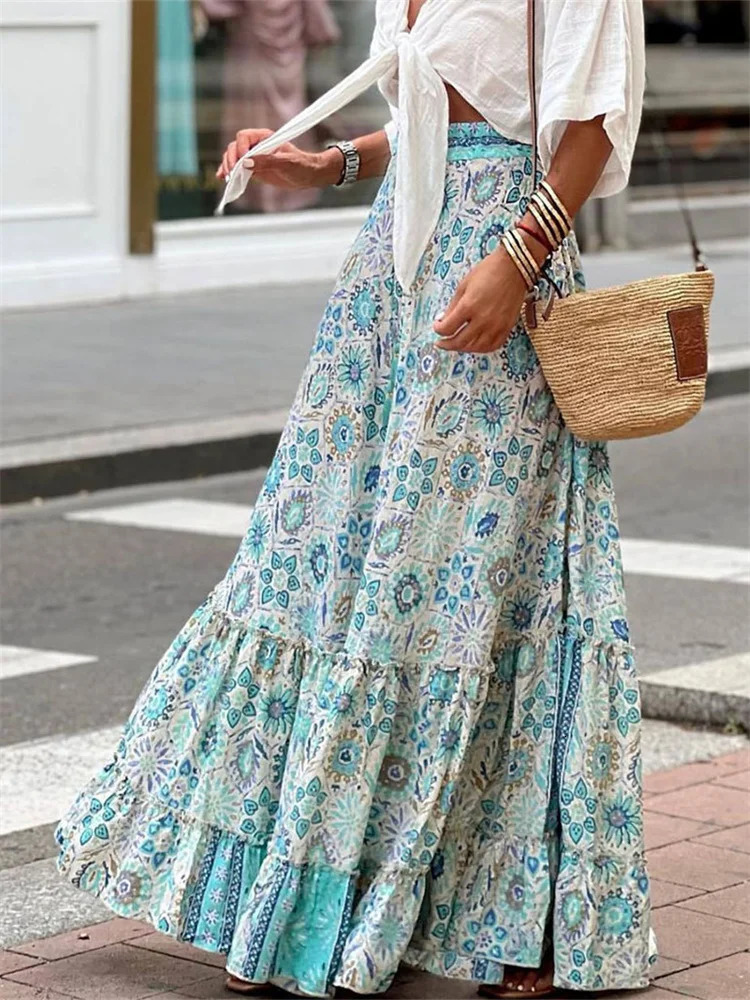 Women Flowy Boho Skirt Printed Ruffled Hem Summer Casual Long Skirt for Beach Vacation Club Streetwear Aesthetic Clothes 260306