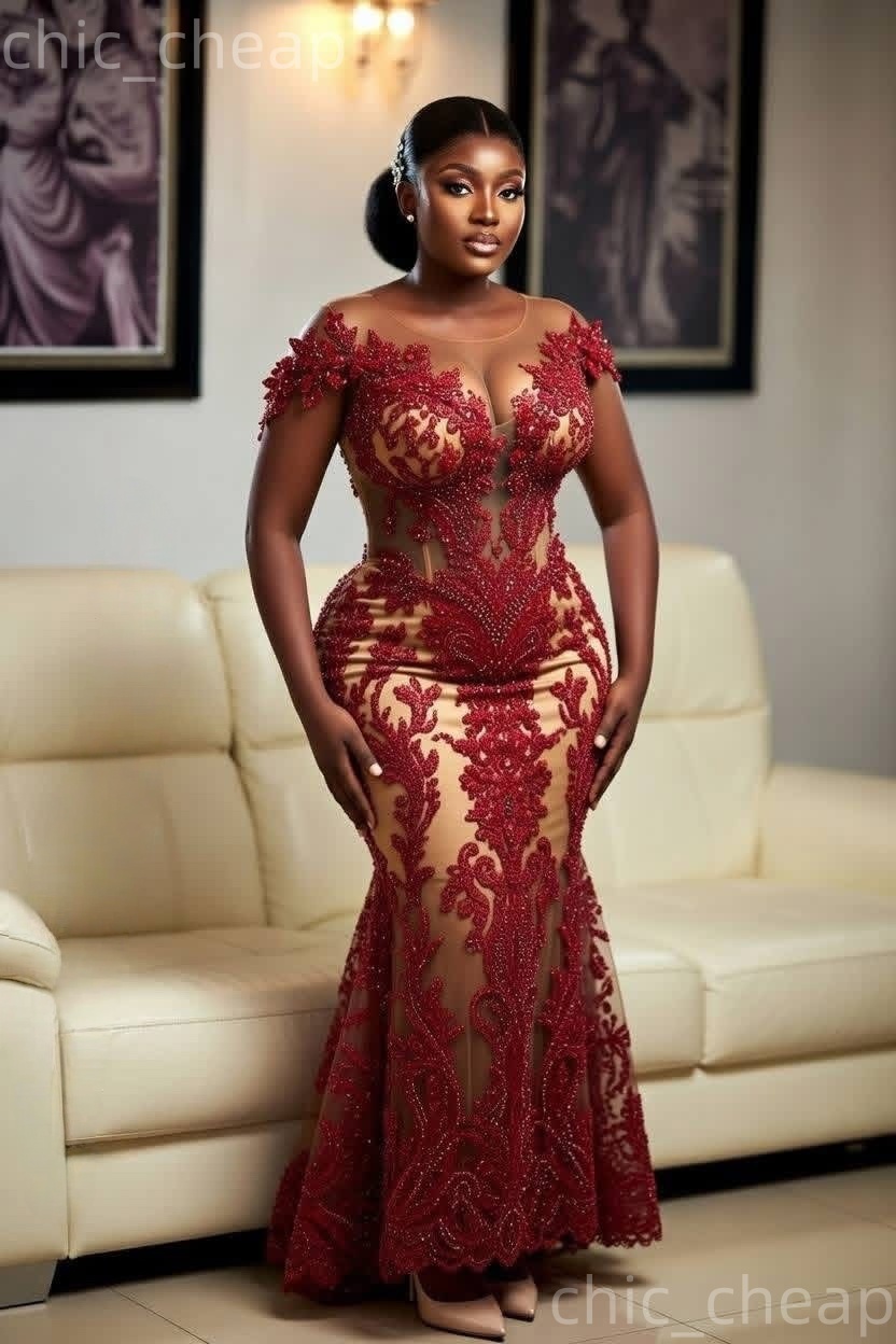 Aso Ebi Dark Red Prom Dress 2026 Mermaid Prom Dress Illusion Lace Sheer Neck Evening Dresses For Black Women Birthday Party Formal Receiption Gowns Dr