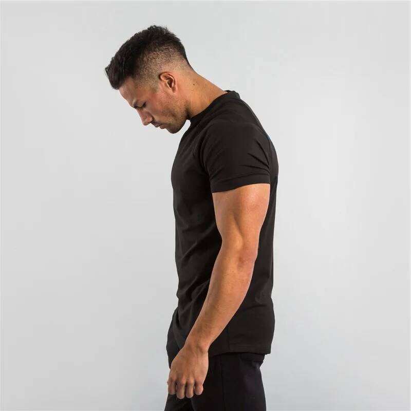 Men's European Summer Fitness Sports Solid Cotton Elasticity Active Short-sleeved T-shirt Large Size M-2XL 26H0306