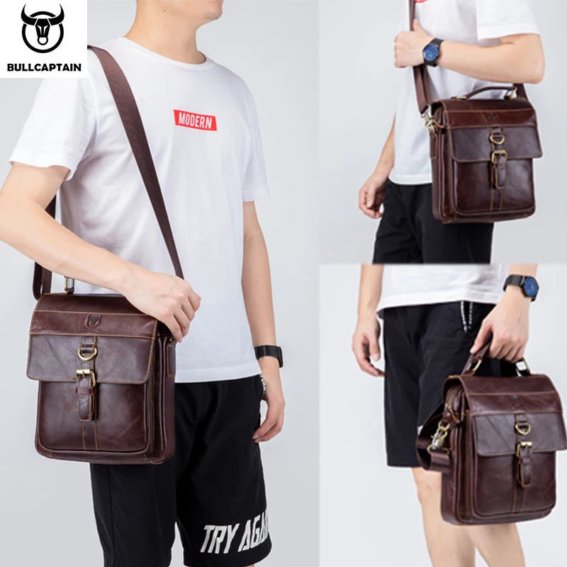 BULLCAPTAIN Mens Leather Shoulder Bag Retro Business Crossbody Bag Large Capacity Fashion Casual Youth Student Handbag 260305