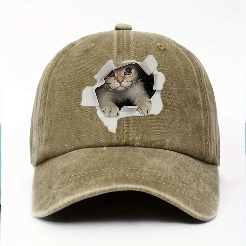 Cute cat designed baseball cap with retro sun protection and durable animal themed printing technology S260306