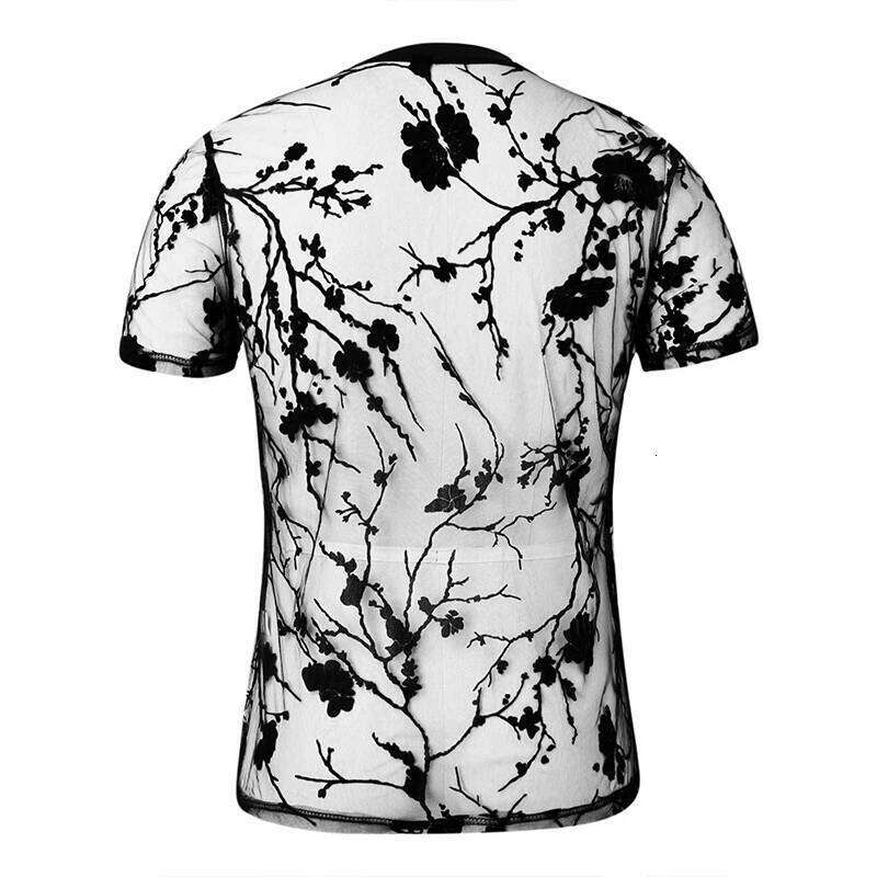 Summer Men's Clothing Mesh Lace Knit T-shirt Streetwear Hollow-Out O Neck Sweater Short Sleeve Tees Rose Printed Knitwear 26H0306