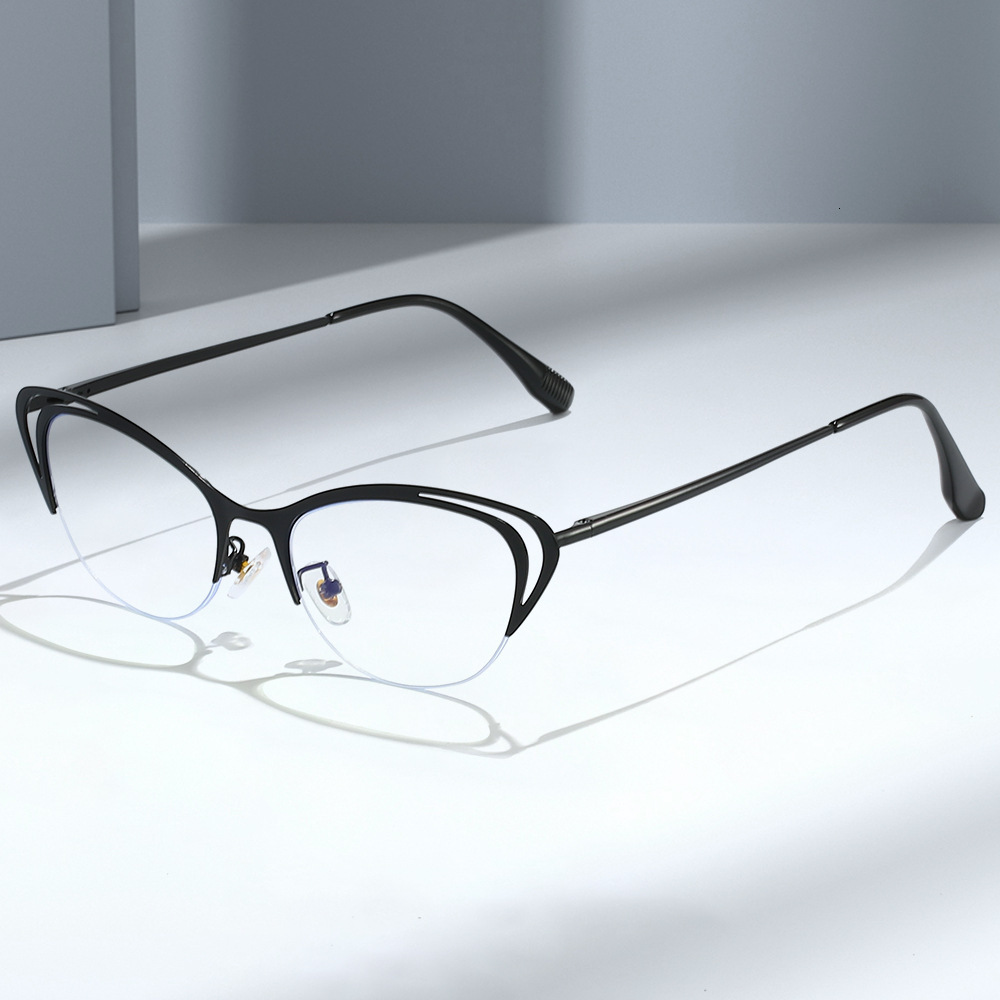 Cool Square Metal Cat-Eye Hollow Half-Rim Eyeglass Frame Anti-Blue Light New Two-Tone Non-Prescription Glasses
