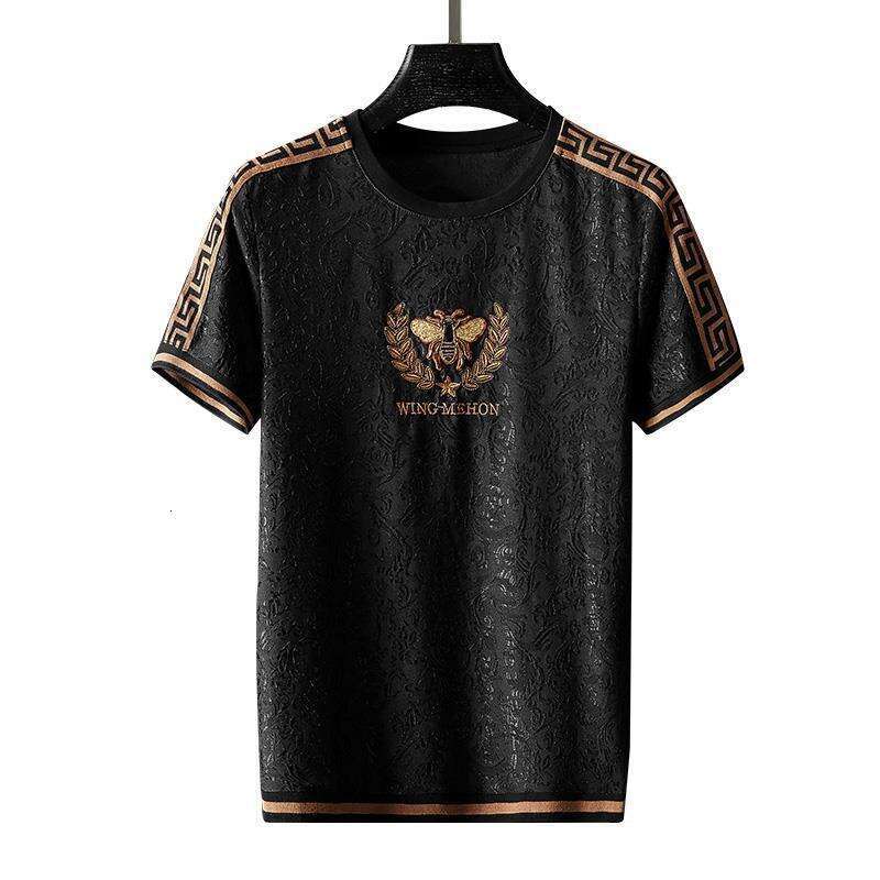 Bee Embroidery Ribbon Paired With Jacquard Silk Men's Short-Sleeve T-Shirt, Summer Plus-Size Half-Sleeve T-Shirt For Men