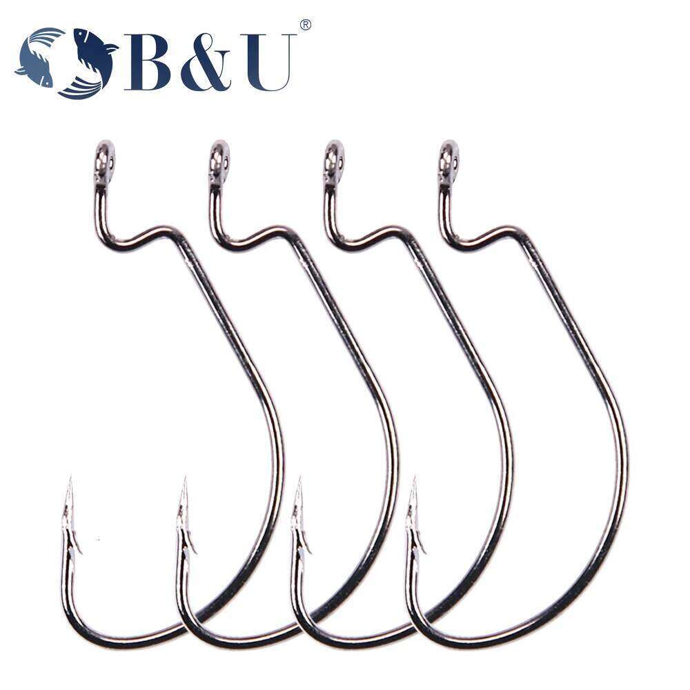 B&U 50pcs/lot Soft Worm Offset Hooks High Carbon Steel Wide Super Lock Fishhooks Lure Softjerk 8#-5/0 Fishing Tackle S260305