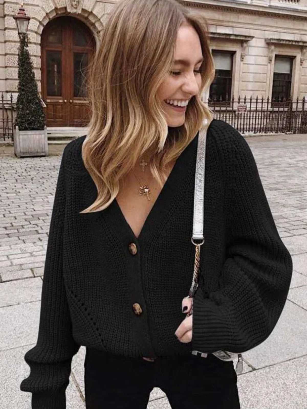 Grey Cardigan Sweater Women Cozy Soft Knit Button Up V-Neck Jumper Basic Knitwear Autumn Winter Outfit M260306