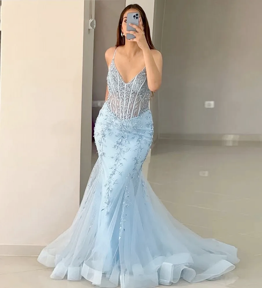2026 Elegant Sky Blue Formal Prom Dress V Neck Straps Lace Applique Bead Mermaid Ruffles Women Evening Birthday Gowns Party Dresses Robes De Soiree BC