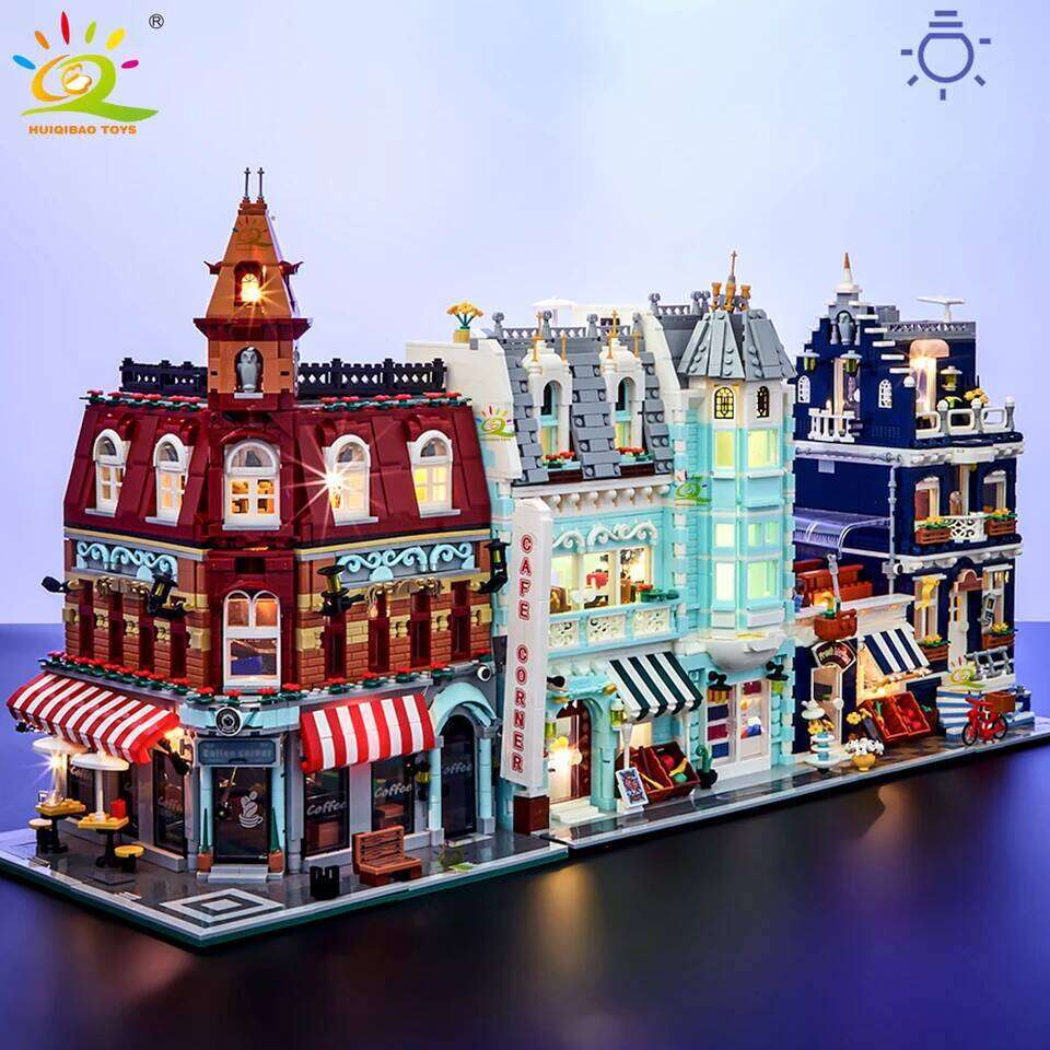 HUIQIBAO Toys MOC City Corner Coffee Shop Architecture Style Street View Micro Building Blocks for Children Construction Bricks Z260305