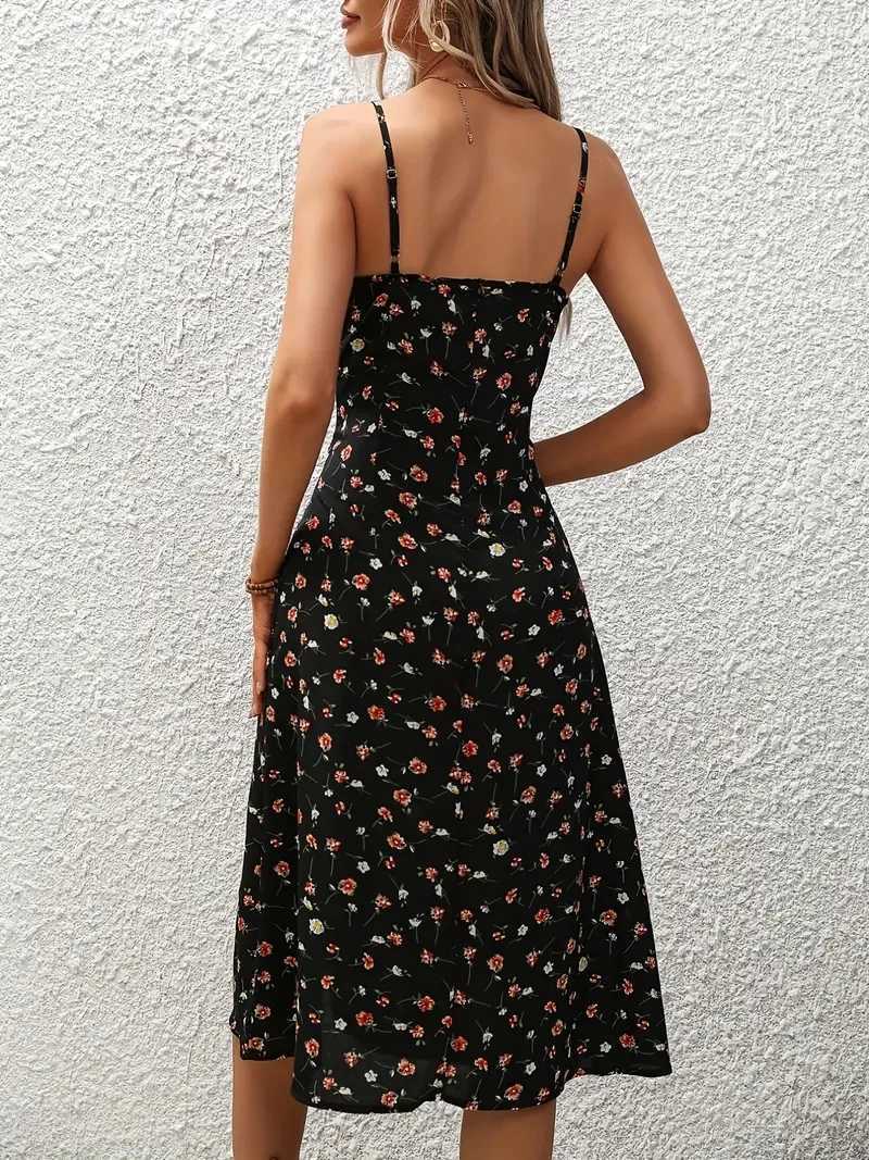 2024 Women Floral Print Spaghetti Straps Summer Boho Beach Dress Print Elegant Suspenders Square Neck Slit Dress Vestidos X260306