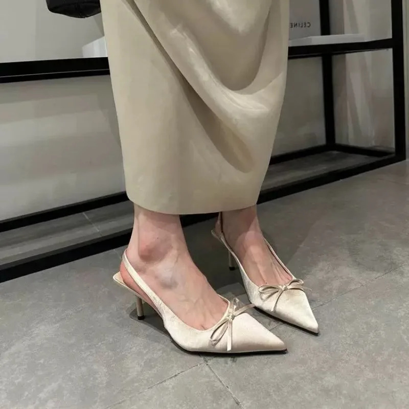 Satin Pointed Toe High Heeled Sandals Women Summer Sexy Thin Heels Slingback Shoes Bow Elegant Party Dress Shoes Women Pumps 260303