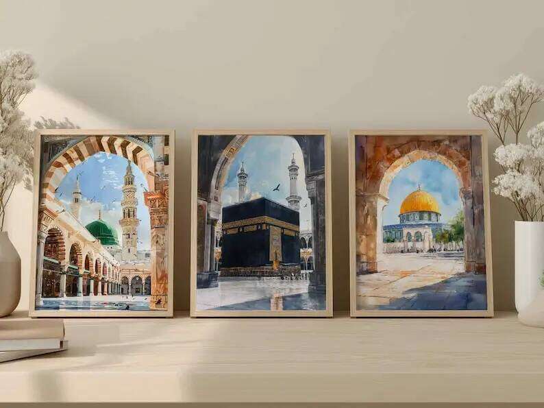 1/3pcs Islamic Mosque Architecture Watercolor Painting Canvas Print Muslim Arabic Calligraphy Wall Art Poster Modern Home Decor 26Y0306