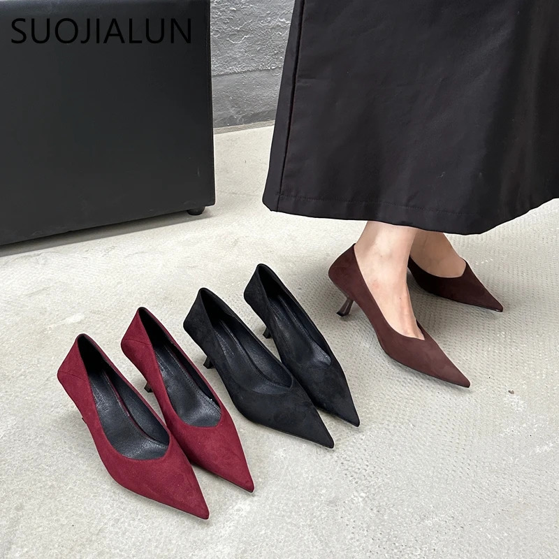SUOJIALUN Autumn Pointed Toe Women Sexy Shallow Slip On Pumps Shoes Fashion Thin High Heel Ladies Elegant Dress Boat Shoes 260303