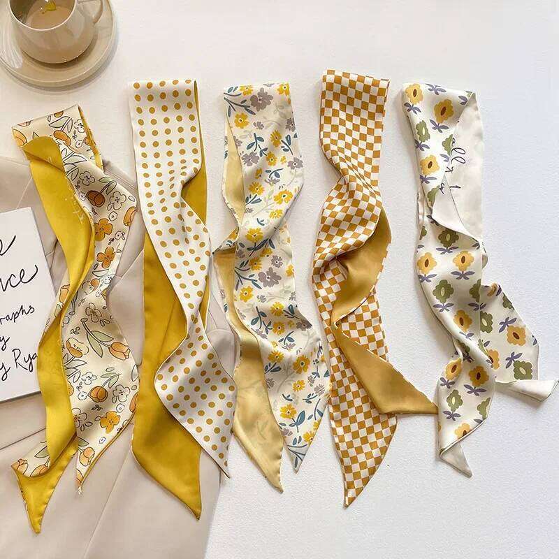 Yellow pastel color multifunctional decoration small silk scarf, women's French hair collar scarf bag accessories 26Y0306