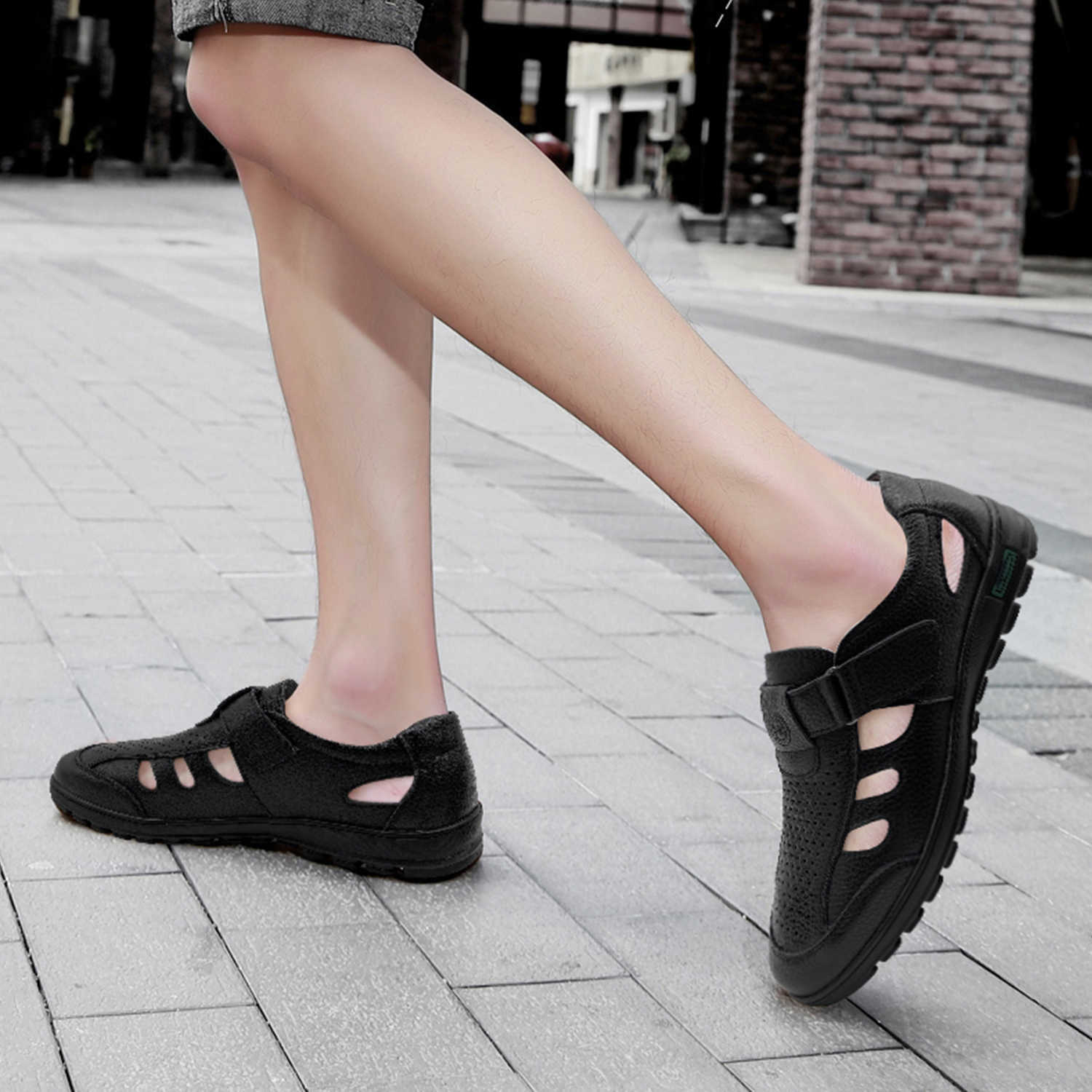 Men's Breathable Leather Open-toe Sandals With Adjustable Non-slip Rubber Soles Comfortable Casual Summer Walking Shoes Closed-toe Strap Sandals