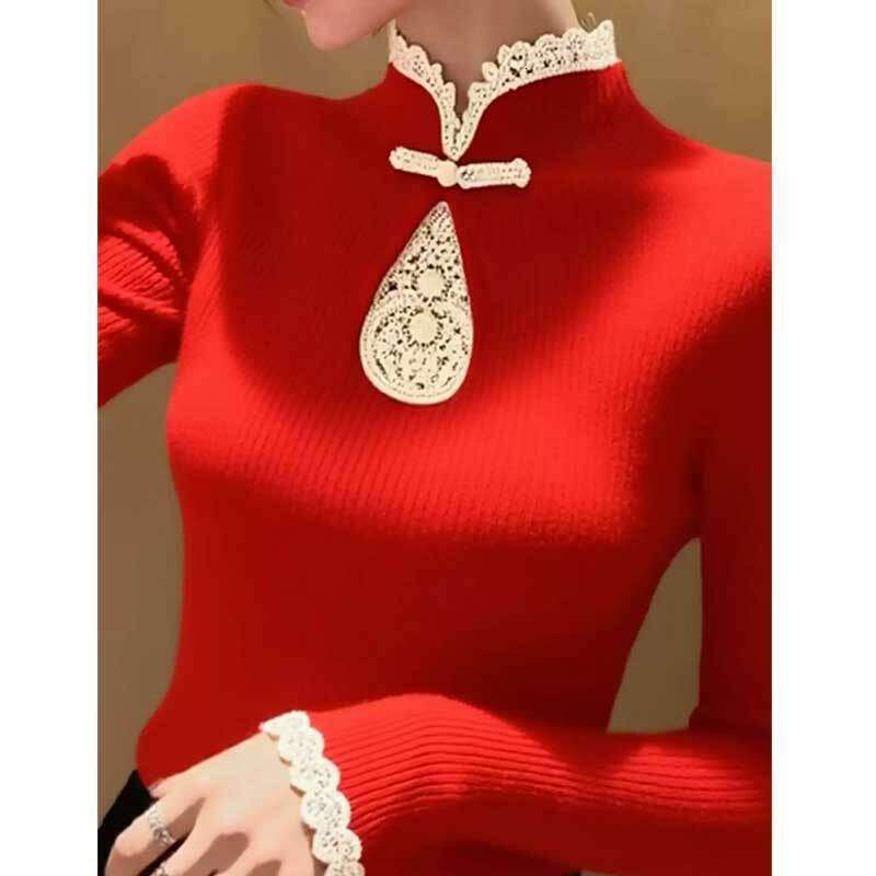 Chinese-Style Winter 2025 High-End Sweater With An Elegant And Sophisticated Vibe, In Ankara Red, Slim-Fit Long-Sleeve Knitted Top Asia Size