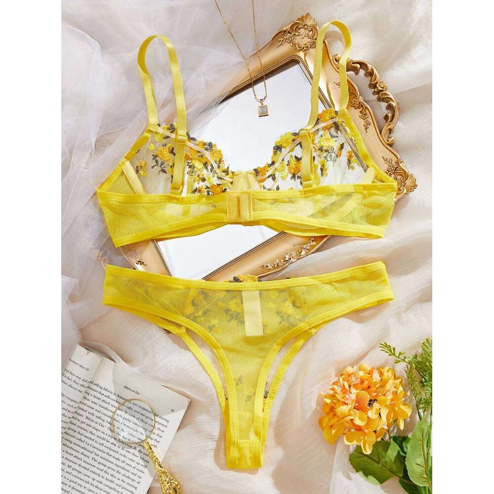 Fairy Yellow Sexy Lingerie Women Transparent Bralette 2 Piece Underwear Sets Floral Embroidery Push Up Bra And Panty Set
