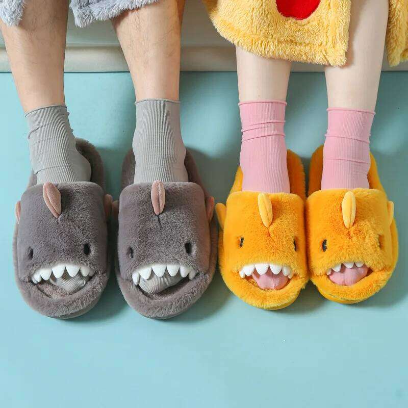 Litfun Plush Shark For Women Men Soft Furry Slippers Winter Indoor Cotton Shoes Open-Toe Non-slip Home Flip Flop