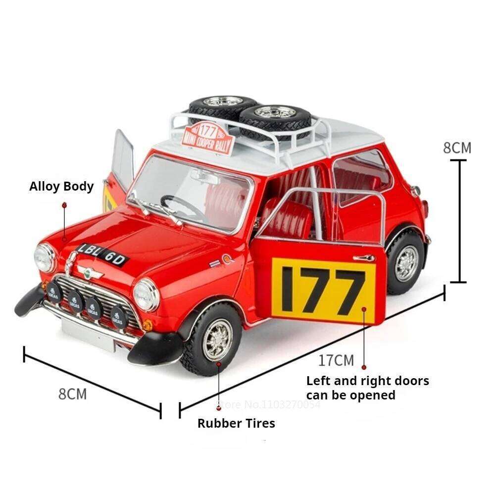 1:18 MINI Cooper Off Road Racing No. 177 Alloy Model Toys Diecast Car Doors Opened Rubber Tire Vehices Collectible Ornaments C260305