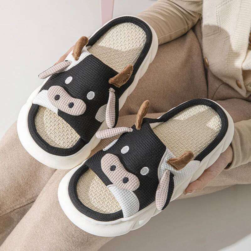 Litfun Thick Bottom Linen Women Lovely Cartoon Home Couple Cute Cow Four Seasons Indoor Flat Slippers