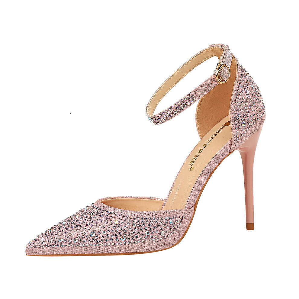 Women Style Sweet Heels Thin High Heel Shallow Mouth Pointed Toe Hollow Strap Shiny Rhinestone Women S Sandals