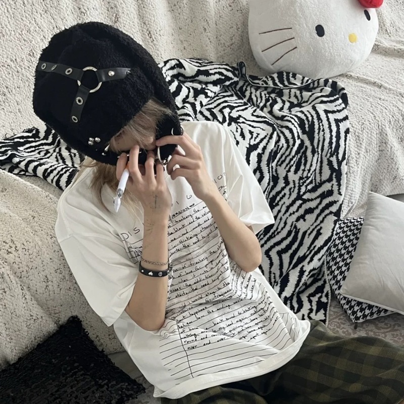 Gothic Grunge Rabbit Ear Hat Harajuku Y2k Punk Chain Pin Metal Ring Lambswool Black Hat Women Girls Winter Warm Chic Streetwear 240718