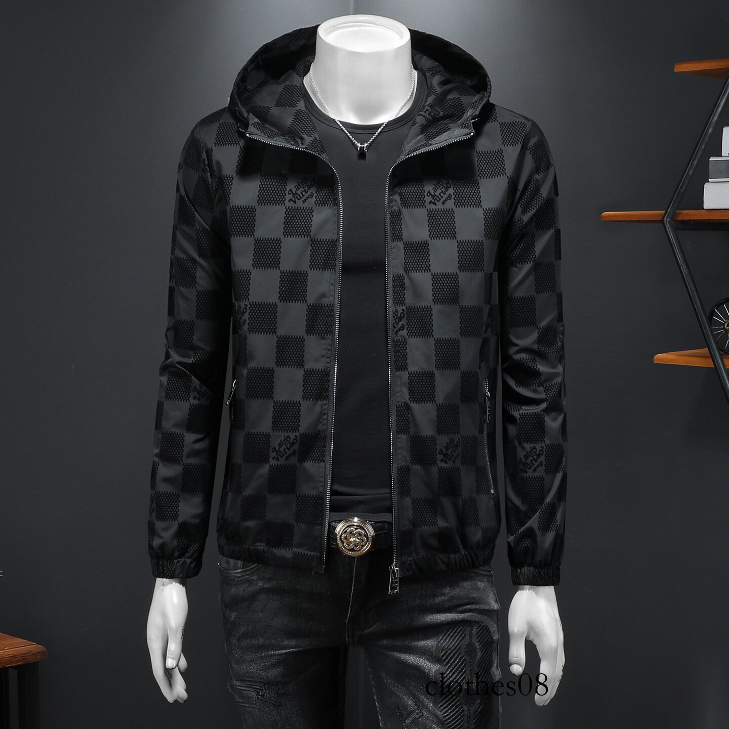 European Collection 2026 Spring New Men's Flocked Hooded Casual Jacket, Plus Size Slim Fit Jacquard Plaid Coat, Trendy