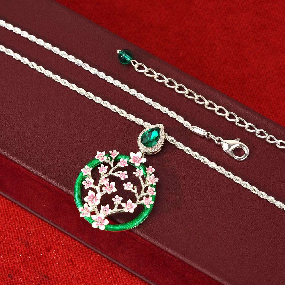 Vintage Enamel Plum Blossom Jewelry Set Open Ring Silver Stud Earrings Light Luxury Simple Choker Necklace Accessories High-Quality