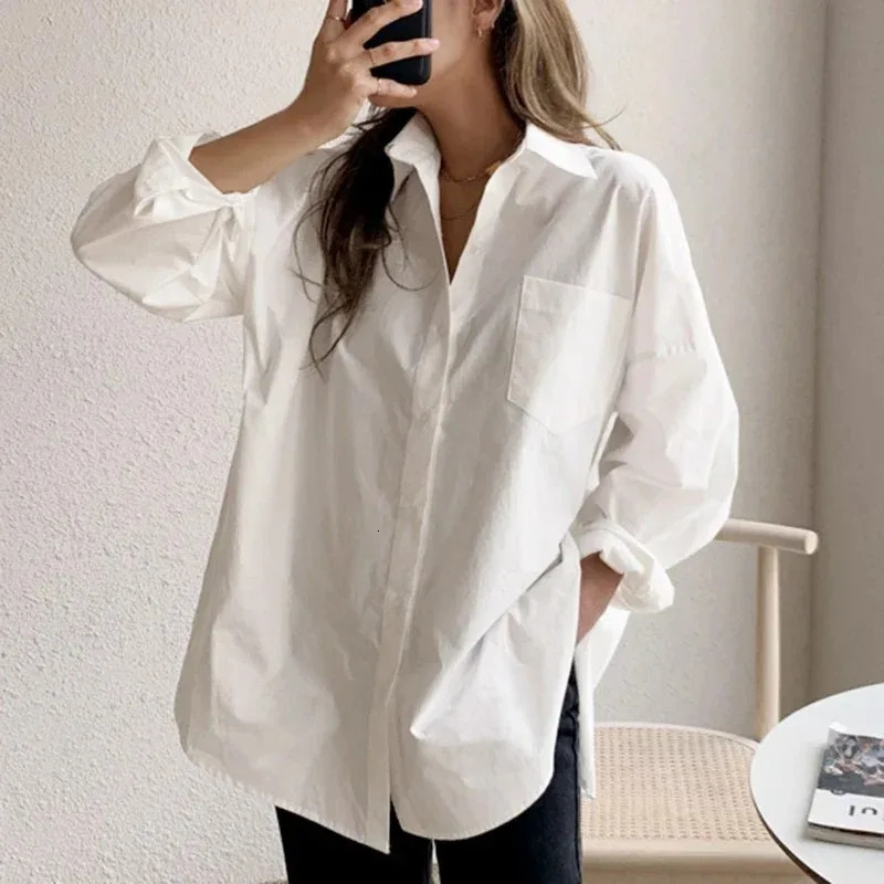 Office Lady Elegant White Casual Loose Blouses Fashion Cotton Long Sleeve Women Shirt Turndown Collar Tops 260306