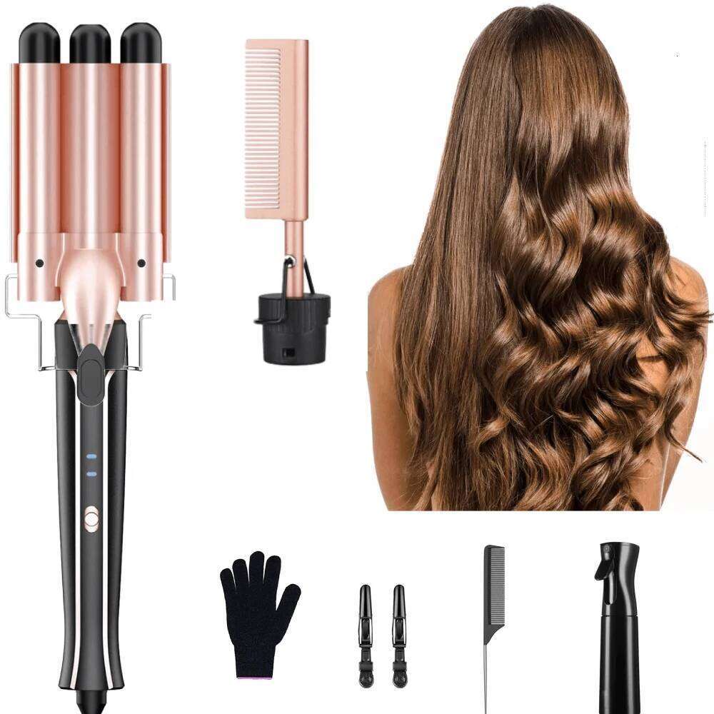 in 1Curling Wand Set with Straightener, 3 Barrels Crimper Curling Iron , 2 Temps Fast Heat Hair Waver Curler 26Y0306