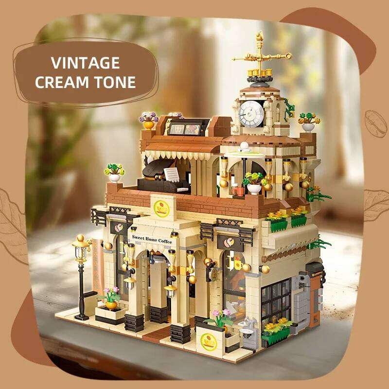 2987PCS Coffee Shop Building Blocks European Style Vintage Cafe Model Bricks Set With Light Desktop Ornaments Kids DIY Toy Gift Z260305