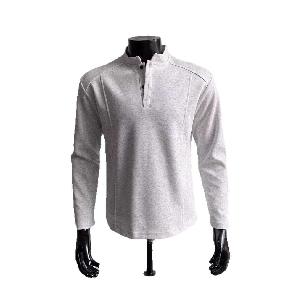 Light Gray Patchwork Deconstructed Henley Neck T-Shirt for Men, Spring and Autumn American Style Trendy Versatile Loose Polo Base Shirt Top