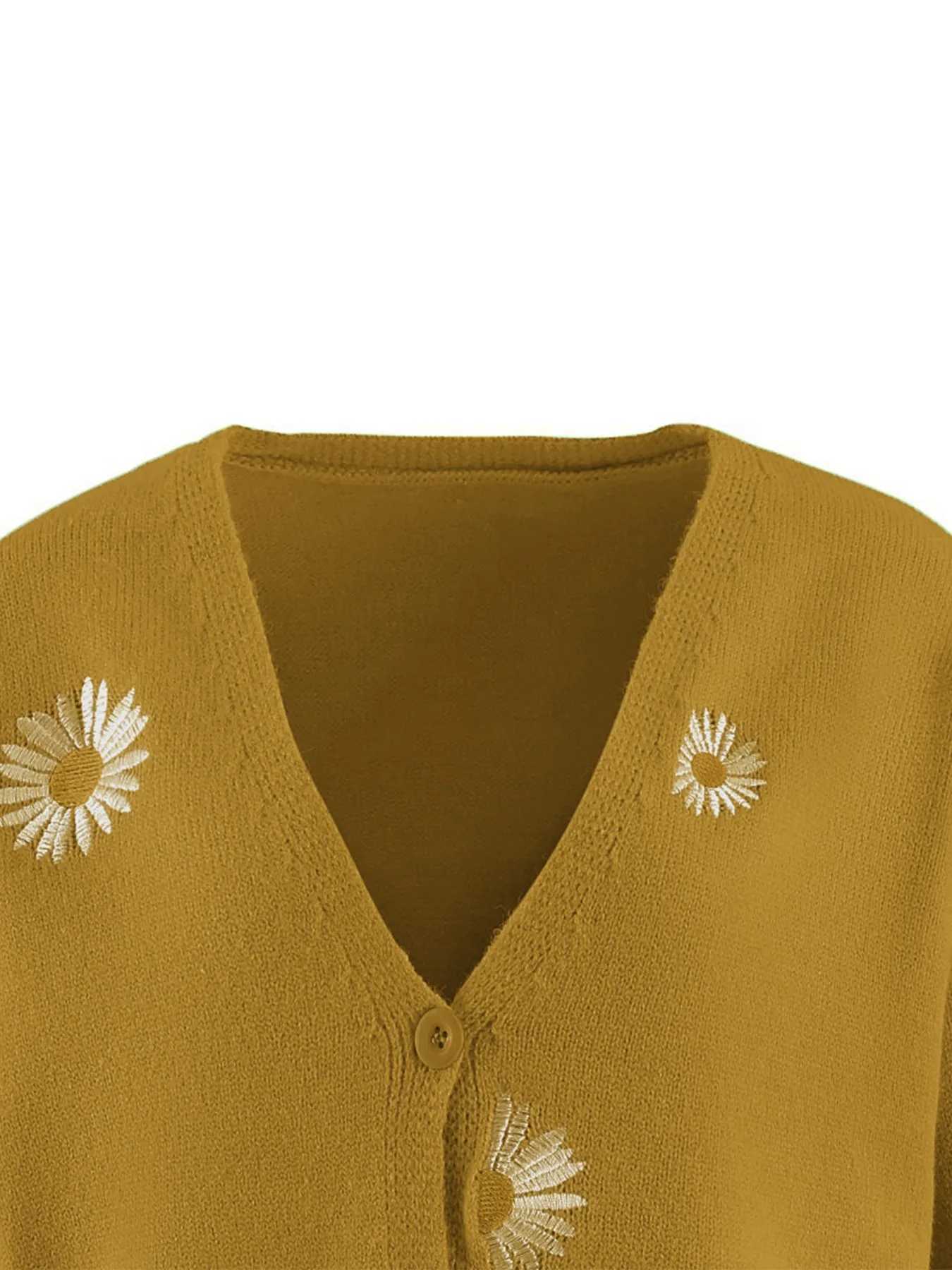 Womens Mustard Yellow Daisy Embroidered V-Neck Knit Cardigan Casual Oversized Long Sleeve Outerwear M260306