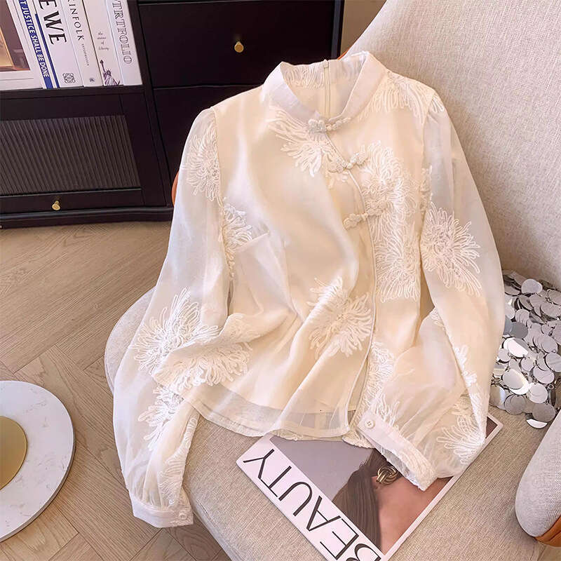 Mardi Hefxessdr 2026 Spring Women Stand Collar Vintage Beige Black Embroidery Flower Top Shirt , Woman Casual Tops Shirts style shirt women's clo